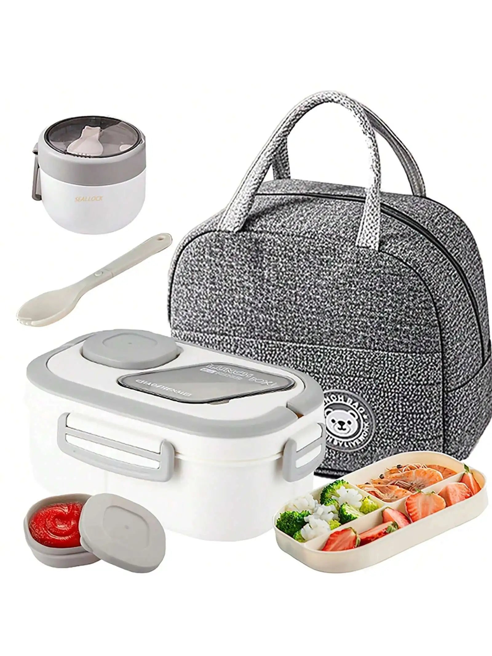2-Layer Multi-Compartment Lunch Box Set: Lunch Box + Cup + Bag. Includes Cutlery And Sauce Container. Microwave-Security, Suitab