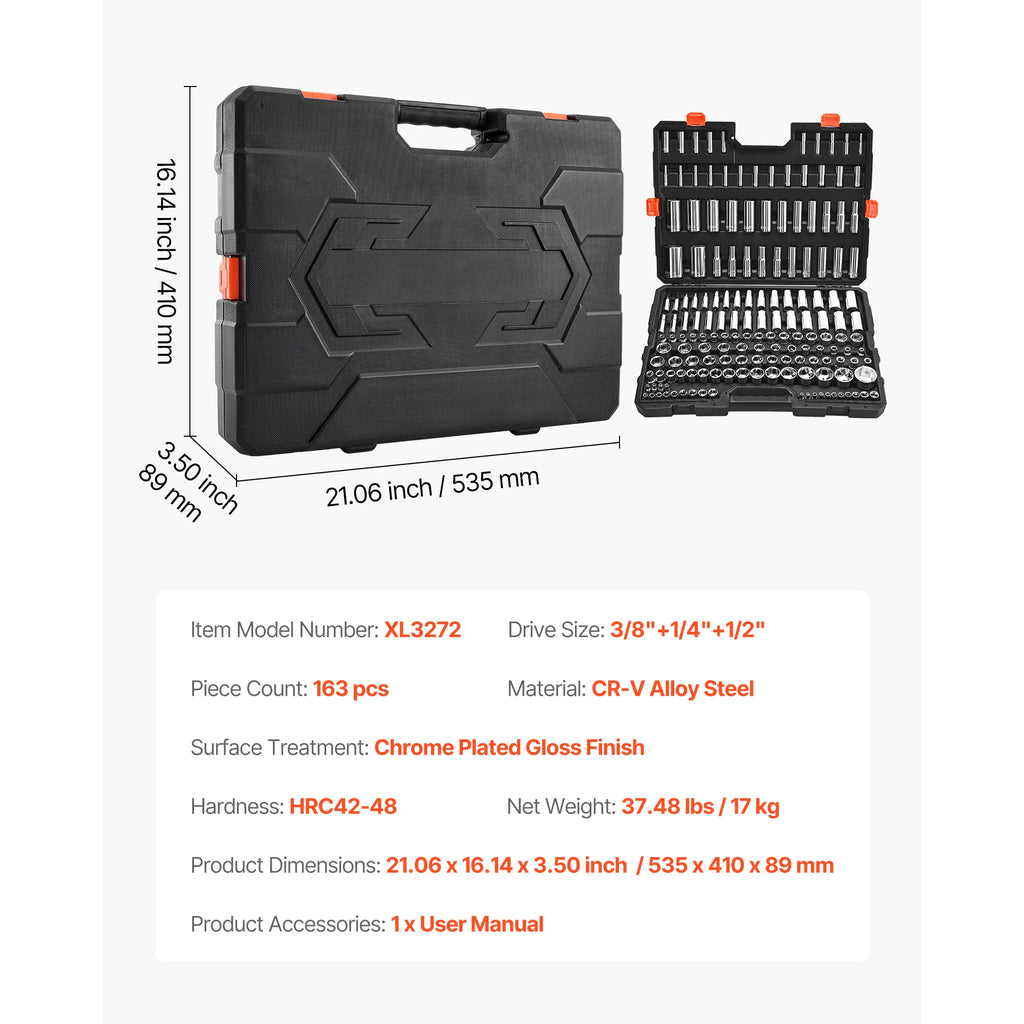 Socket Set 86 Pieces 3/8 ,1/4, or 1/2in Drive Socket and Ratchet Set, SAE Metric Mechanic Tool Kit with Ratchet Wrench