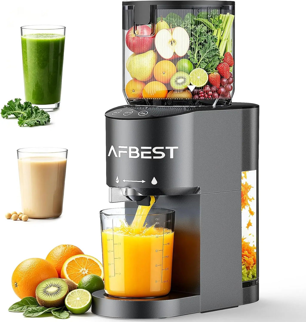 AFBEST 5.8" Extra-Large Chute 2-in-1 Cold Press Juicer – Whole Fruit & Vegetable Masticating Extractor with 100oz Capacity, Nut Milk Function, Easy-Clean Design, Premium Gray