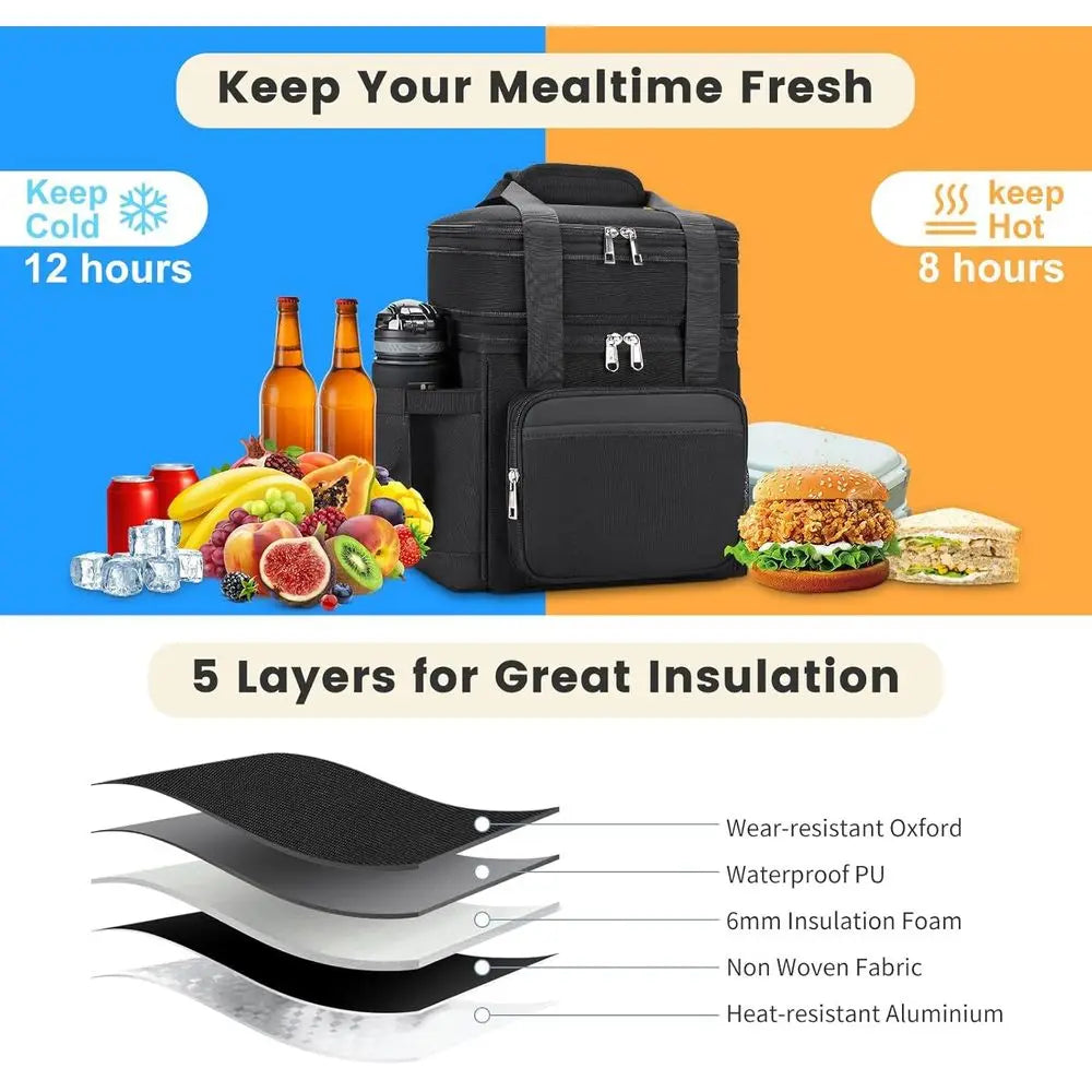 Double Decker Insulated Lunch Tote - Reusable, Expandable Cooler Bag for Men & Women, Suitable for Work, Picnics, and Outdoors (