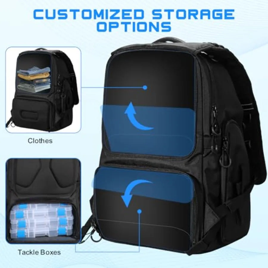 50L Fishing Tackle Backpack with Removable Lure Wraps, Include 4 3600 Tackle Boxes, 2 Rod Holders Storage Fishing Gear and Equi