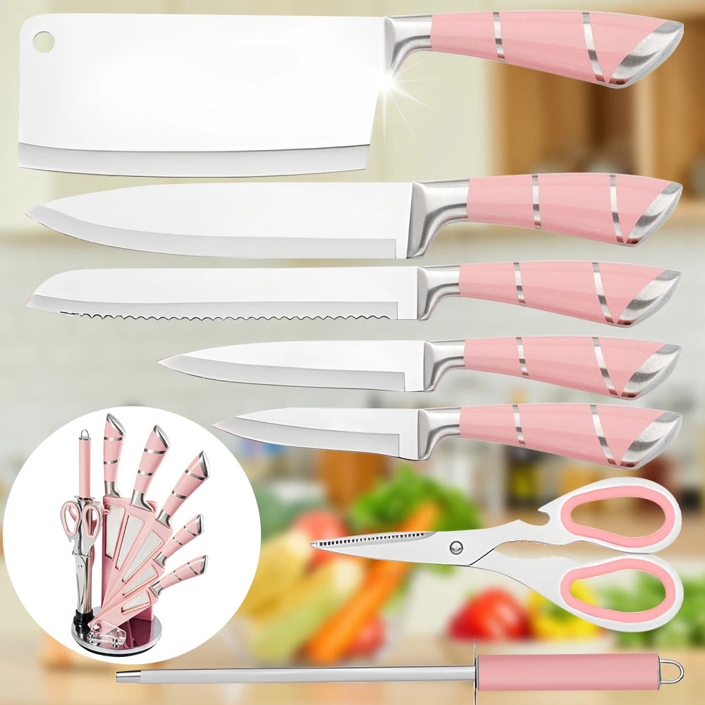 9PCS Kitchen Knife Set Stainless Steel Hollow Handle Sharp Meat Cutting Cooking Knife Scissors Bread Knife Fruit Peeler