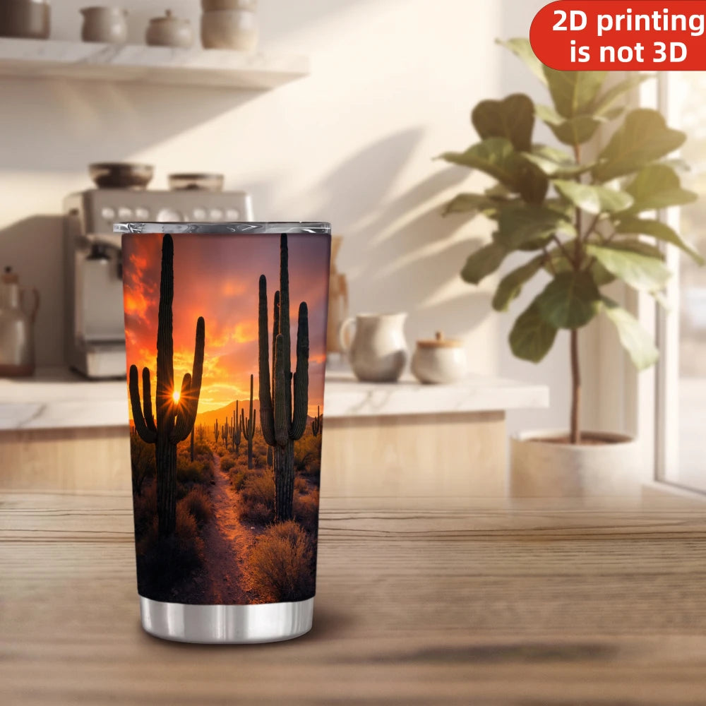 20oz Desert Saguaro Cactus Printed Stainless Steel Tumbler with Lid and Straw, Arizona Sunset Sunburst Wild West Landscape Vacuum Insulated Travel Coffee Mug Gifts for Nature Lovers