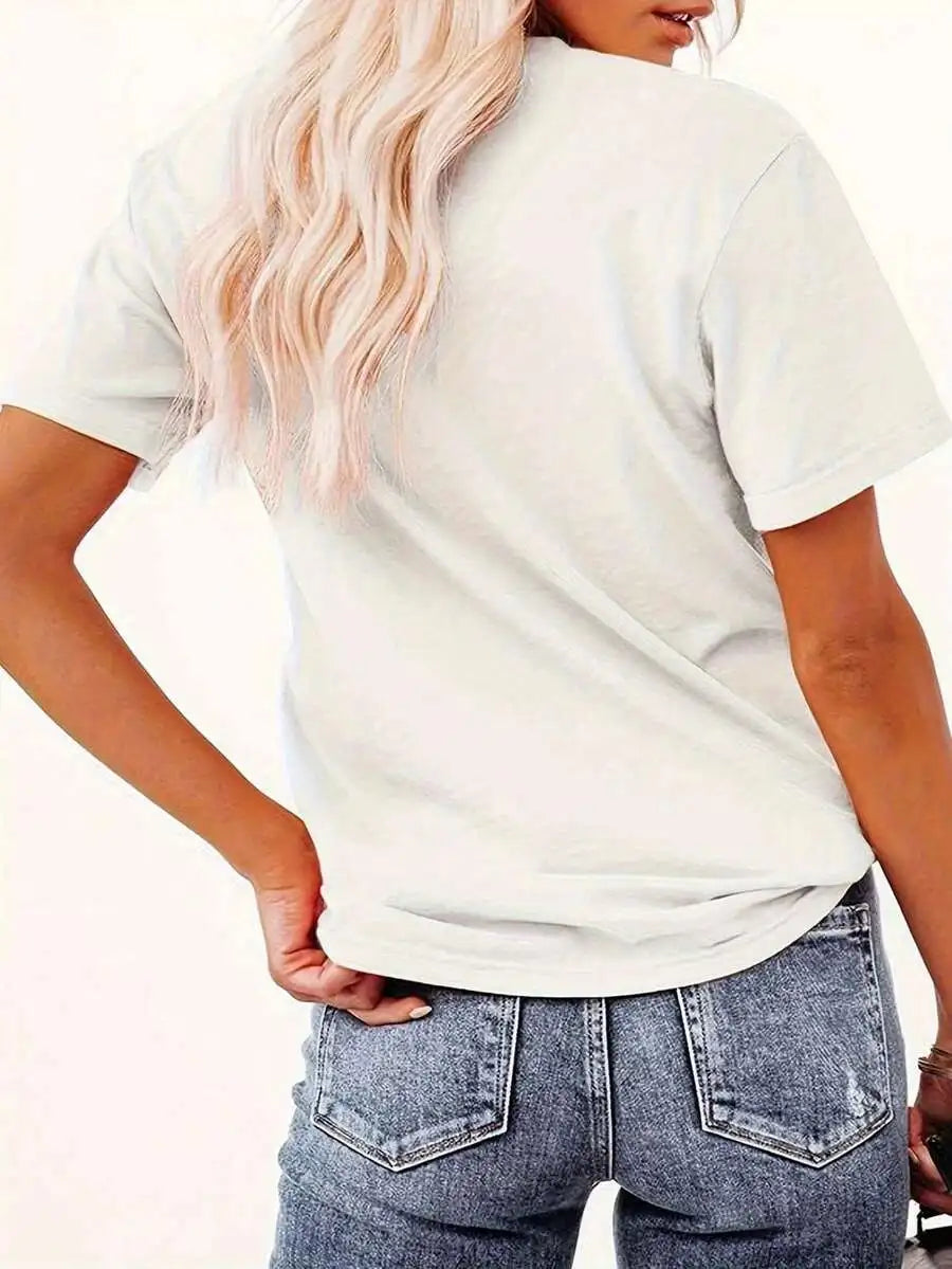 Pink Heart Ribbon Breast Cancer Awareness Graphic Print Women T-Shirt, Crew Neck Short Sleeve, Soft Washable, Casual Everyday Tops For Ladies