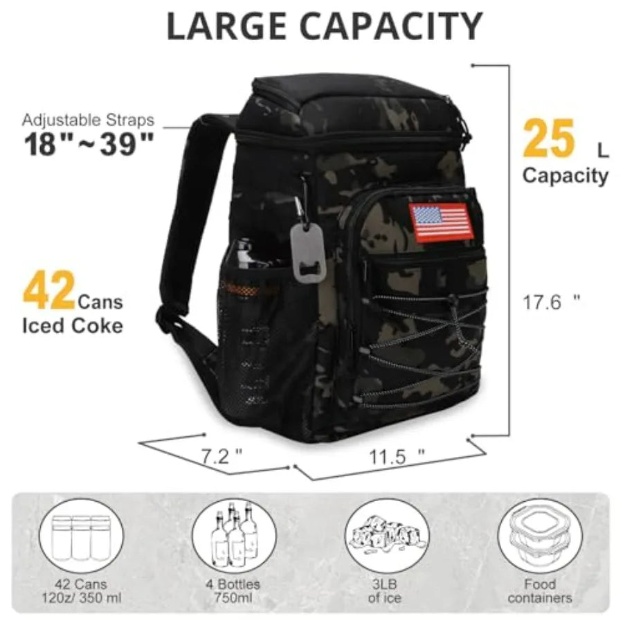 Outdoor tactical backpack cooler, 25L insulated storage with leakage-proof design, black nylon fabric, long-hours temperature r