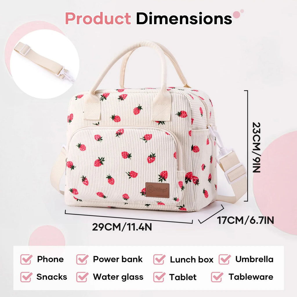 Cute Strawberry Print Insulated Lunch Bag, Corduroy Thermal Cooler Tote with Adjustable Shoulder Strap, Leakproof Portable Lunch Box Carrier for Work School Picnic