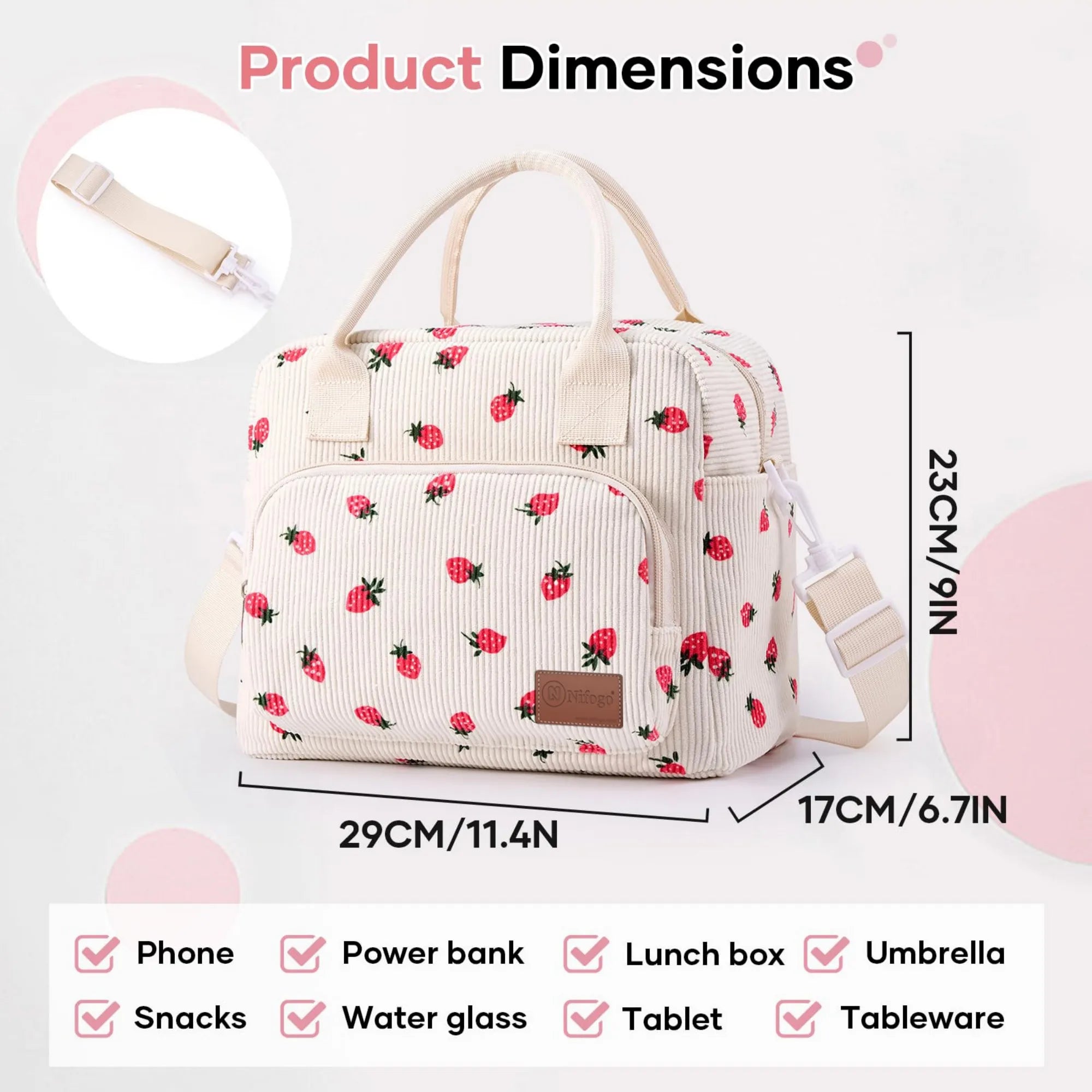 Cute Strawberry Print Insulated Lunch Bag, Corduroy Thermal Cooler Tote with Adjustable Shoulder Strap, Leakproof Portable Lunch Box Carrier for Work School Picnic