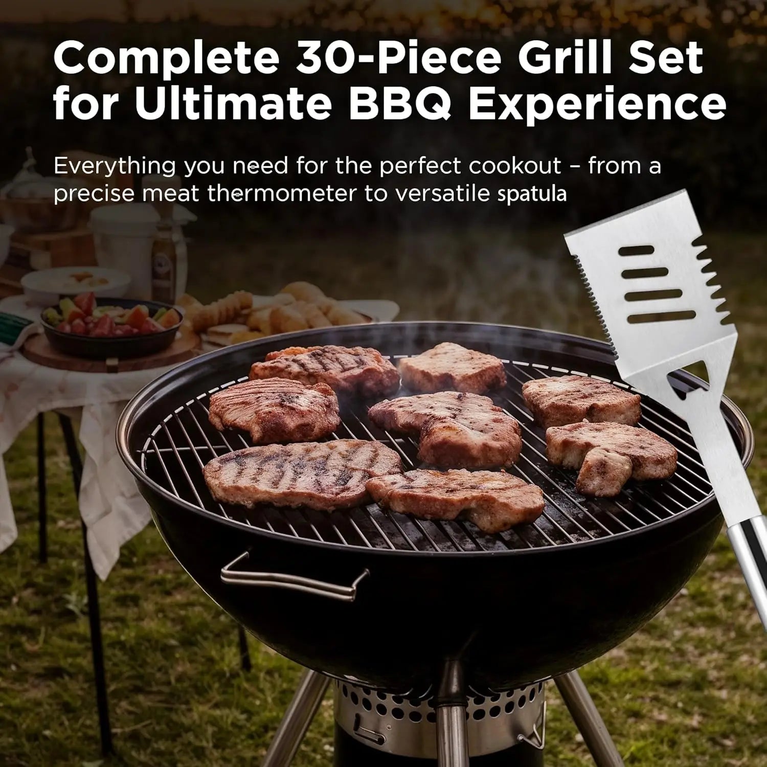 30-Piece BBQ Grill Set, Heavy Duty Stainless Steel with Meat Thermometer, Case & Apron, Gift