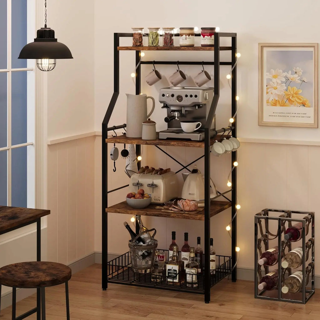 4-Tier Kitchen Bakers Rack & Microwave Oven Stand with Large Wire Basket, Industrial Coffee Bar Station with Hooks, Kitchen