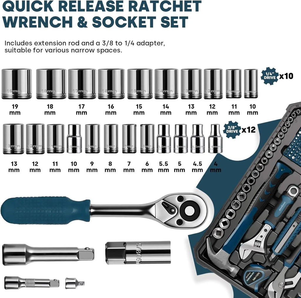 Tool Set, 220-Piece Home Tool Kit with Toolbox, Wrench and Hand Tools for Home Repairs, Auto Maintenance, DIY & General Repair Tools for Men & Women, Blue