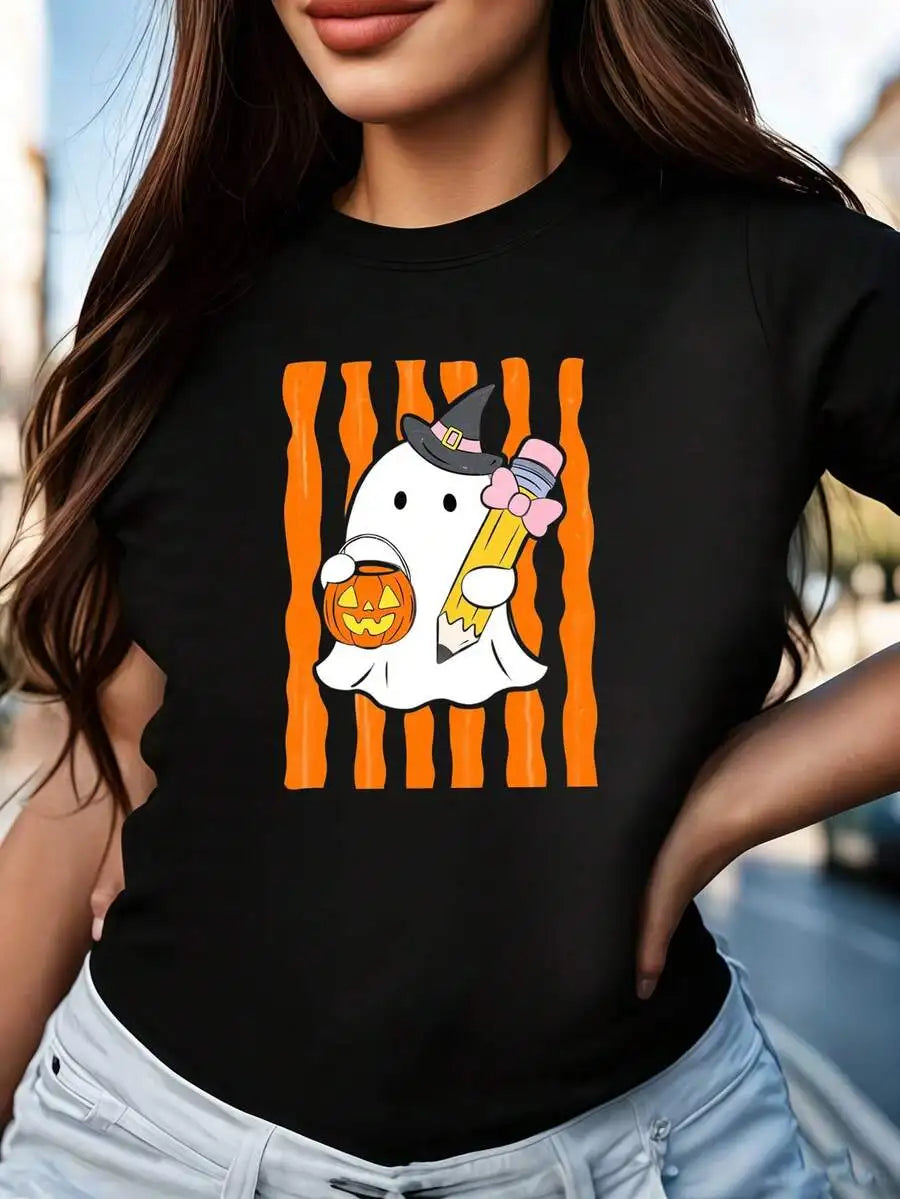Halloween‑Vibe Women Short‑Sleeve T‑Shirt Crew Neck Ghost Pencil Pattern Print Black Summer Daily Wear Tops