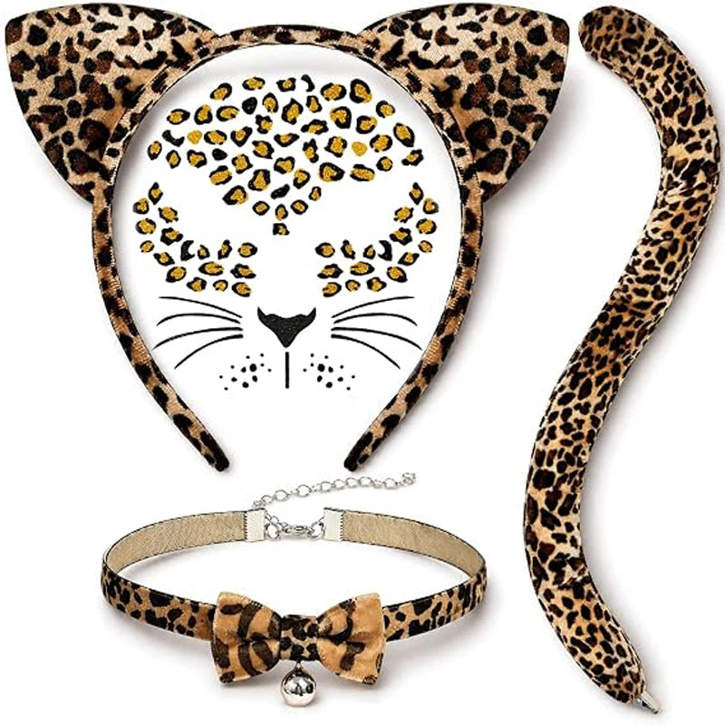 Cheetah Ears Headband Leopard Tail Collar Face Stickers for Women Leopard Collar with Bowtie Bell,Face Sticker,Halloween Cheetah Costume Accessory Set for Women ,Adult Leopard Cosplay