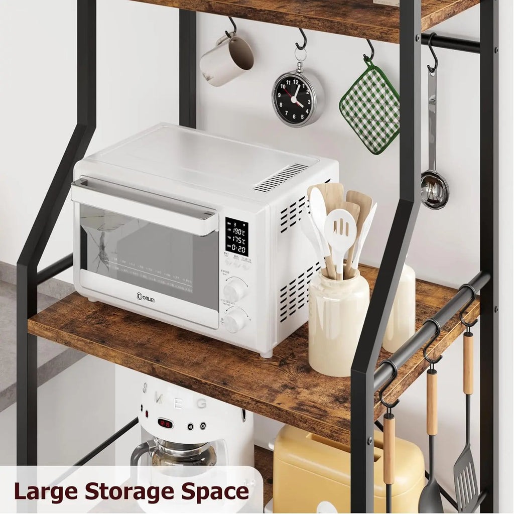 4-Tier Kitchen Bakers Rack & Microwave Oven Stand with Large Wire Basket, Industrial Coffee Bar Station with Hooks, Kitchen