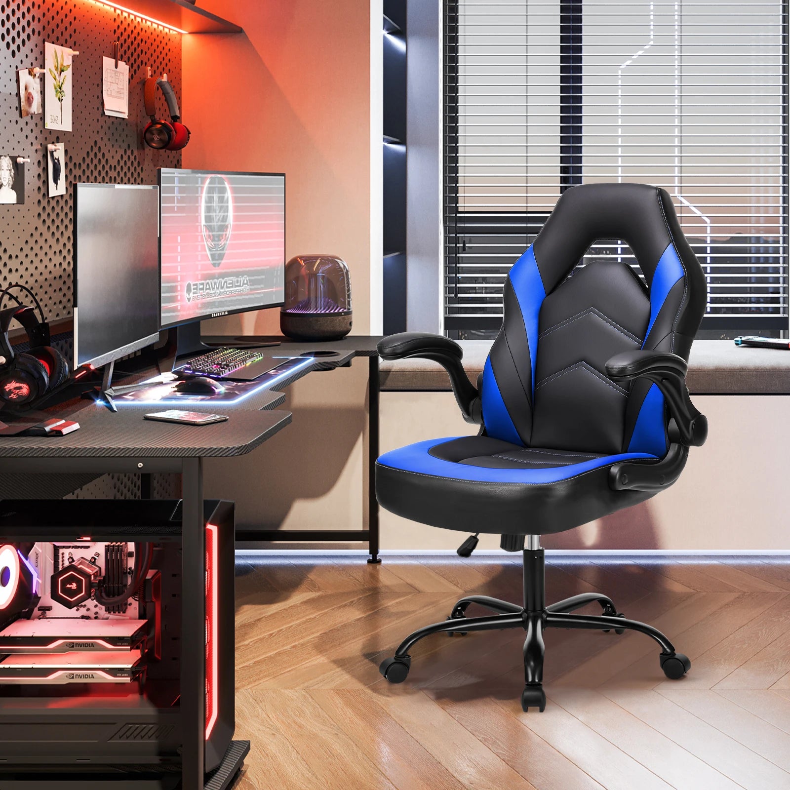 Gaming Chair Ergonomic Office Chair with Swivel Rolling Adjustable PU Leather Racing Chair Flip-up Armrest