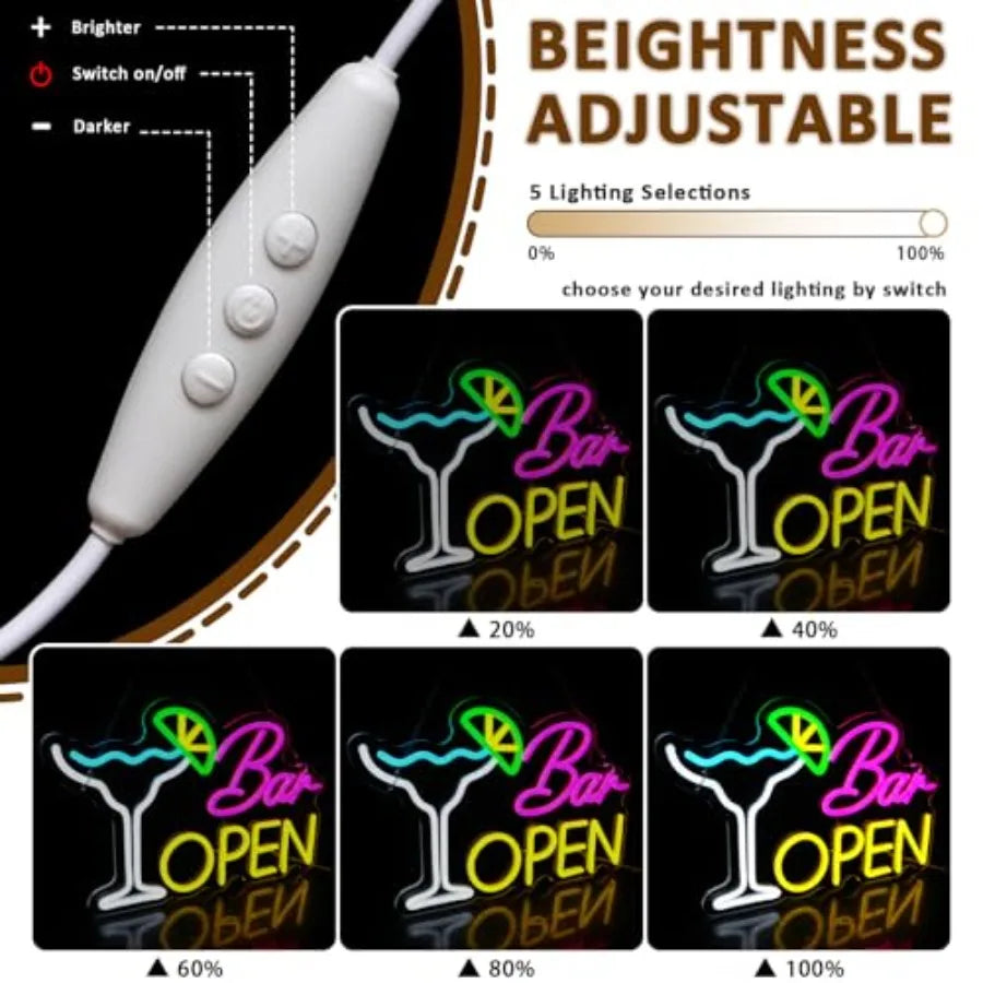 Sign for Business, Neon Open Sign, USB Dimmable Cocktails Neon Lights for Beer Bar Coffee Cafe Home Pub Man Cave Stores Hotel P
