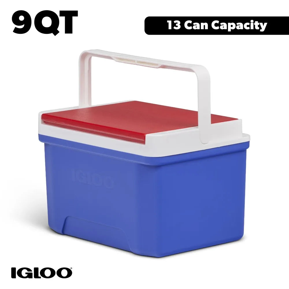 9 QT Portable Ice Chest Cooler Outdoor Picnic Camping Beach Cooler Box with Lid Insulated Food Storage Container for Drinks and Snacks Blue Red and White Design
