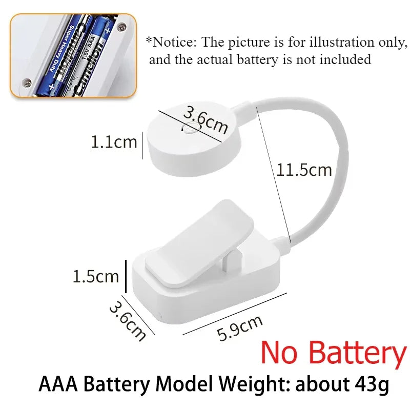 Mini LED Clip On Book Light, Eye Caring 3 Color Modes Portable Reading Lamp, Battery & USB Powered Bedside Night Light