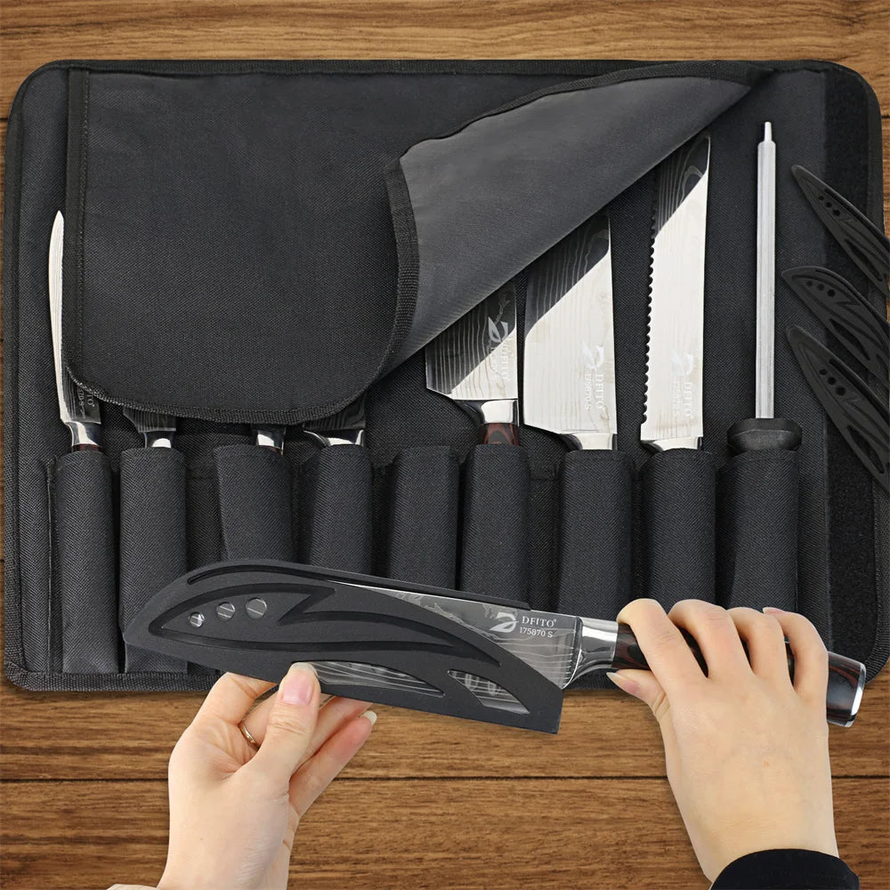 8PCS Damascus Stainless Steel Kitchen Knife Set Super Sharp Japanese Style Chef Santoku Cleaver Slicing Boning Utility Paring Knives Complete Cooking Cutlery Kit with Portable Protective Nylon Carry Bag for Home Kitchen Chef