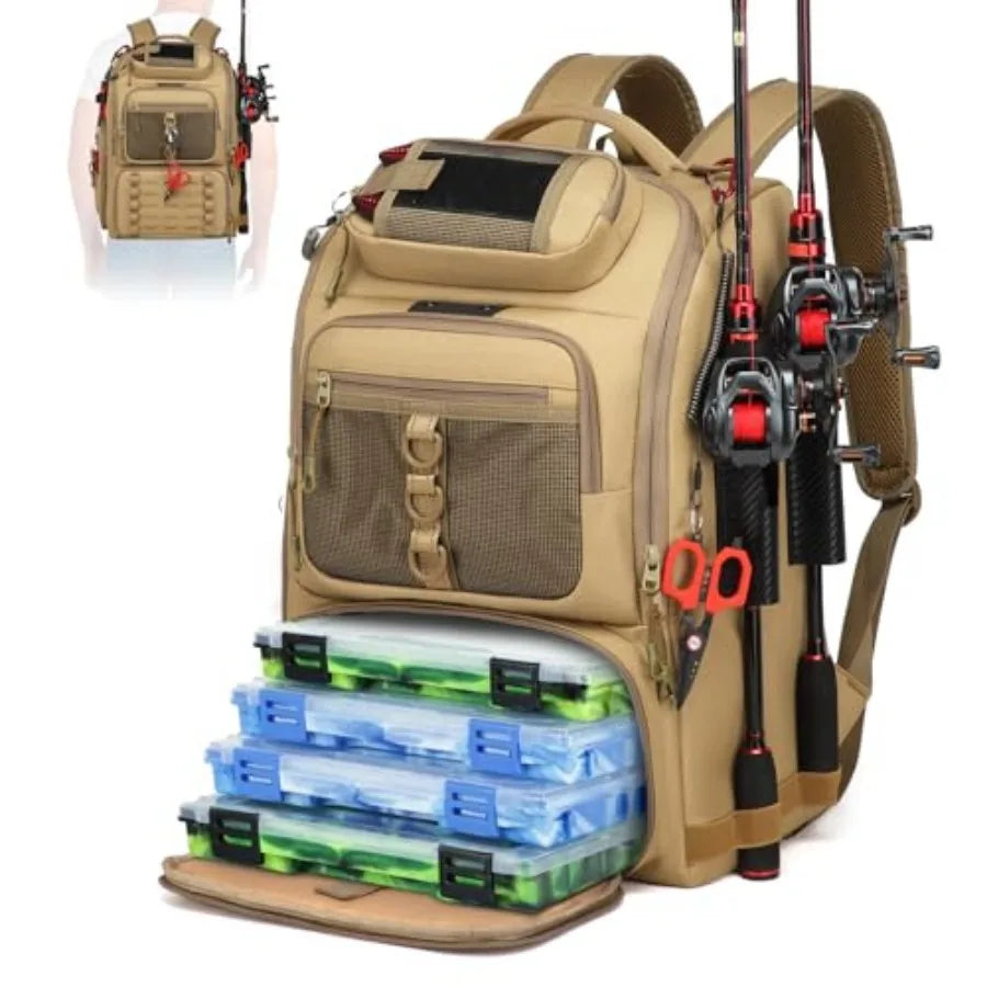 Fishing Tackle Backpack, Tackle Bags with 2 Rod Holders, Water-Resistant Tackle Bag Storage Bag for Fishing Gear Black