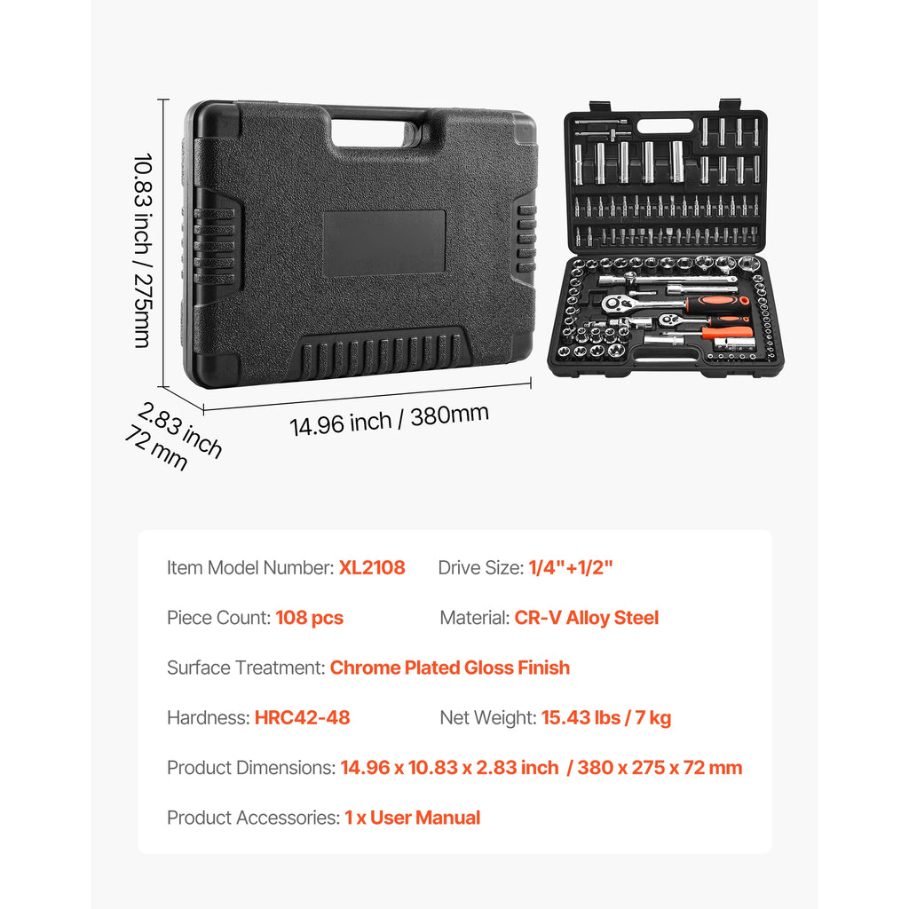 Socket Set 86 Pieces 3/8 ,1/4, or 1/2in Drive Socket and Ratchet Set, SAE Metric Mechanic Tool Kit with Ratchet Wrench