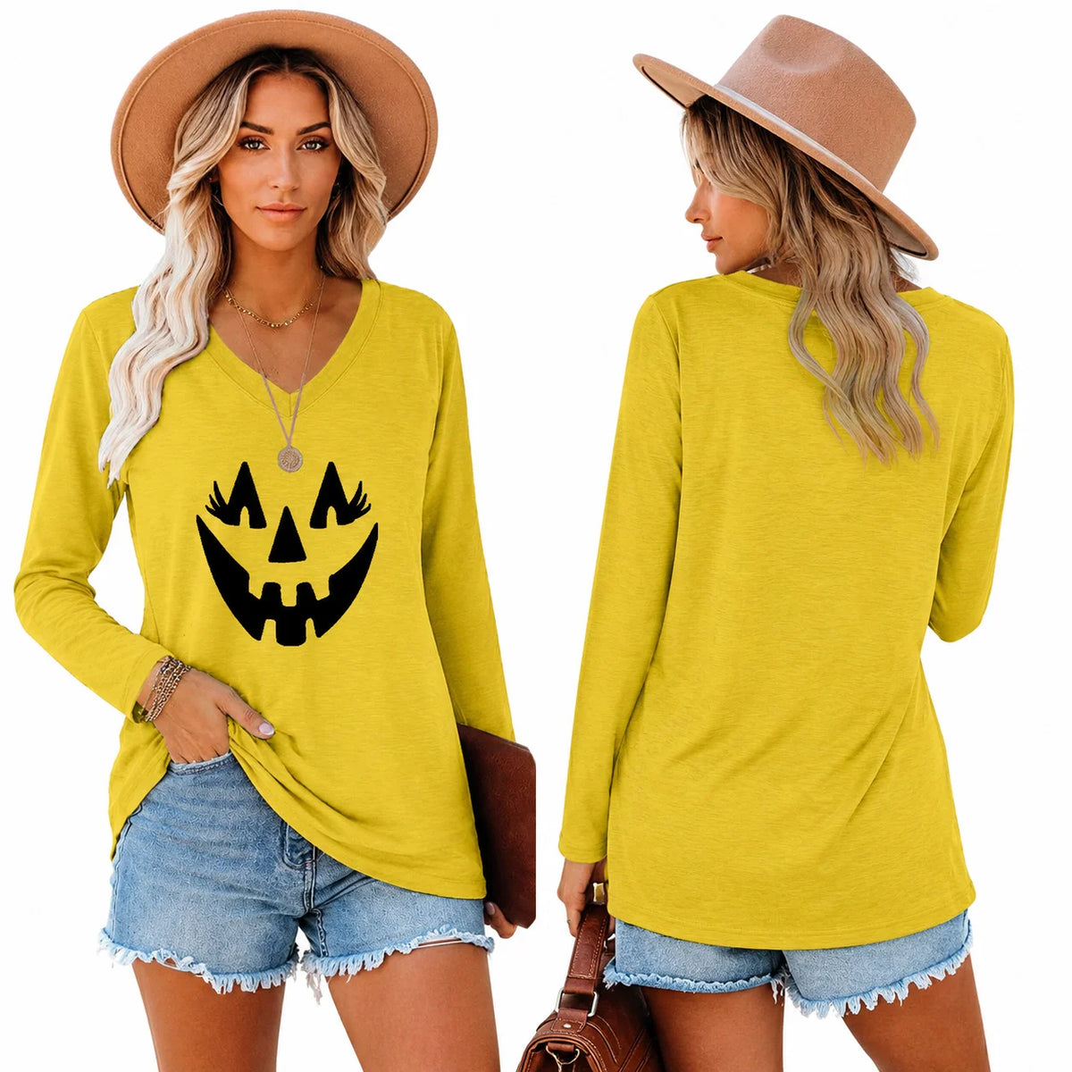 Halloween Pumpkin Graphic Long Sleeve Shirts for Women V Neck Cute Eyelash Pumpkin Face Tee Casual Loose Fall Holiday Outfit Tops