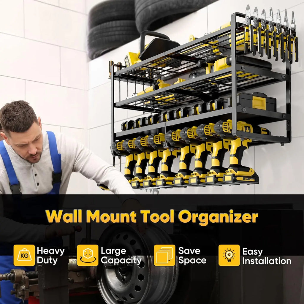 Heavy Duty Power Tool Organizer Wall Mount, 4-Layer Metal Shelf Holds 400 lbs, 8 Cordless Drill Holder for Garage Workshop