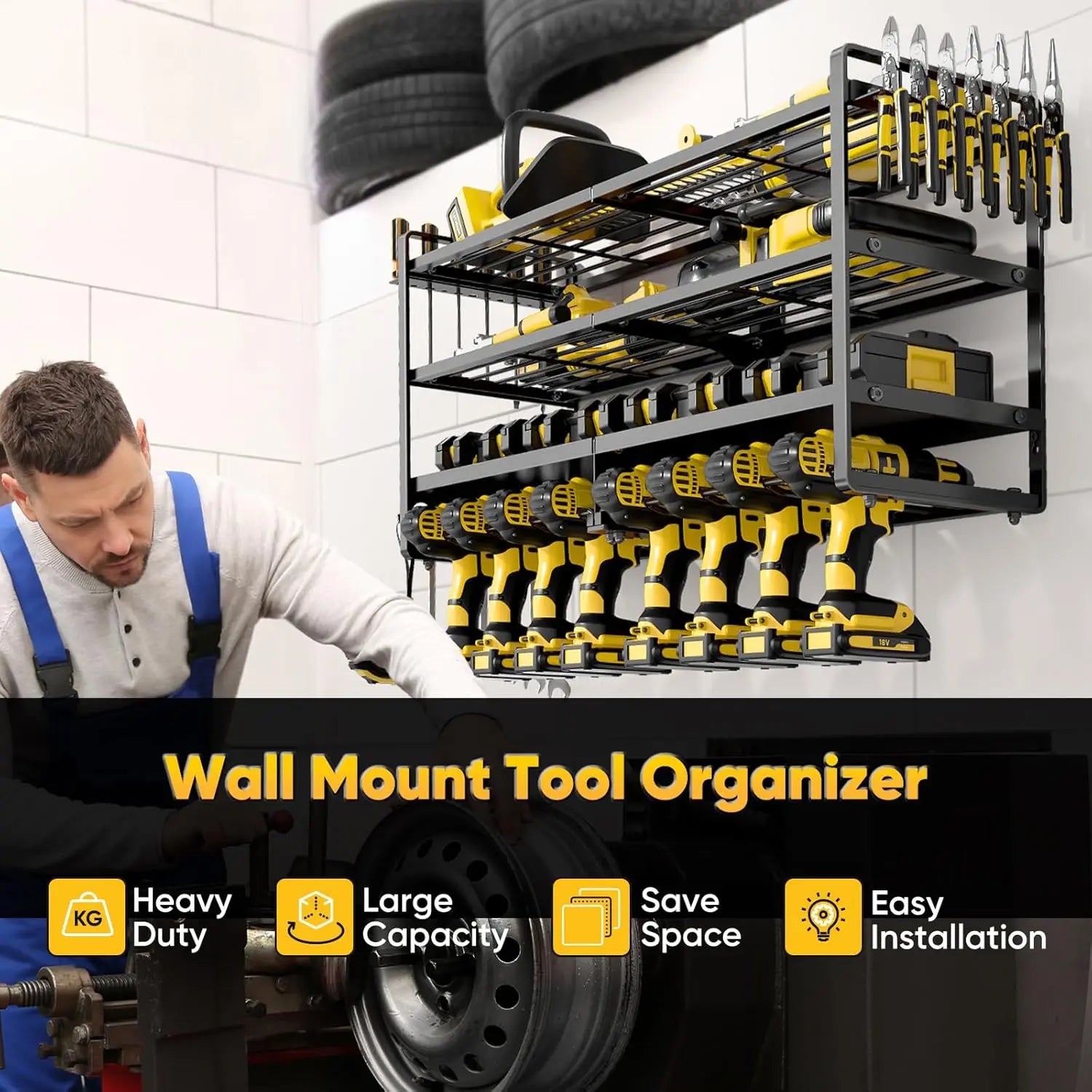 Heavy Duty Power Tool Organizer Wall Mount, 4-Layer Metal Shelf Holds 400 lbs, 8 Cordless Drill Holder for Garage Workshop