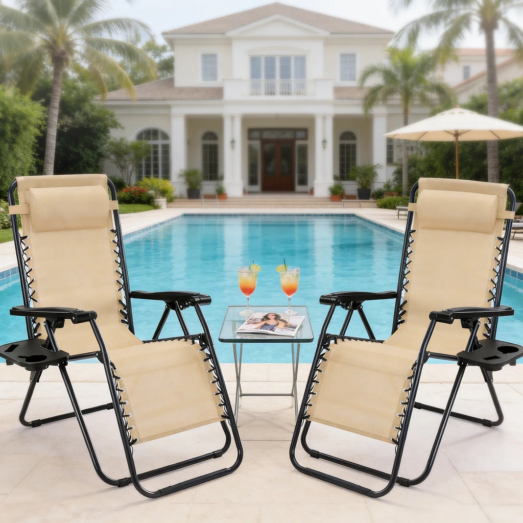 Portable Zero Gravity Recliner Chairs Set of 2 Outdoor Garden Folding Lounge Chair with Cup Holder Trays Adjustable Pillow