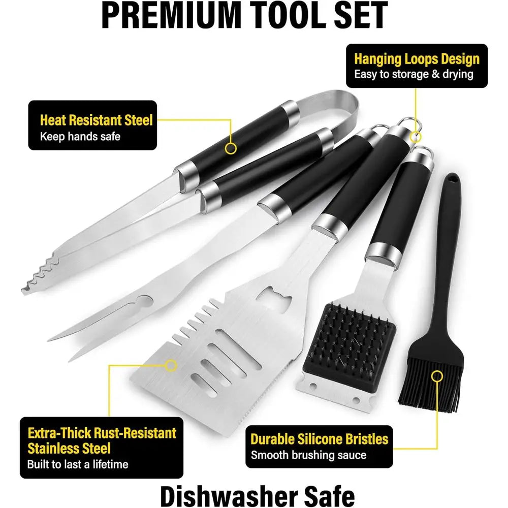 Premium BBQ Grill Accessories Set for Men - Outdoor Barbecue Tools Including Tongs, Brush, and Cleaning Brush (Black)