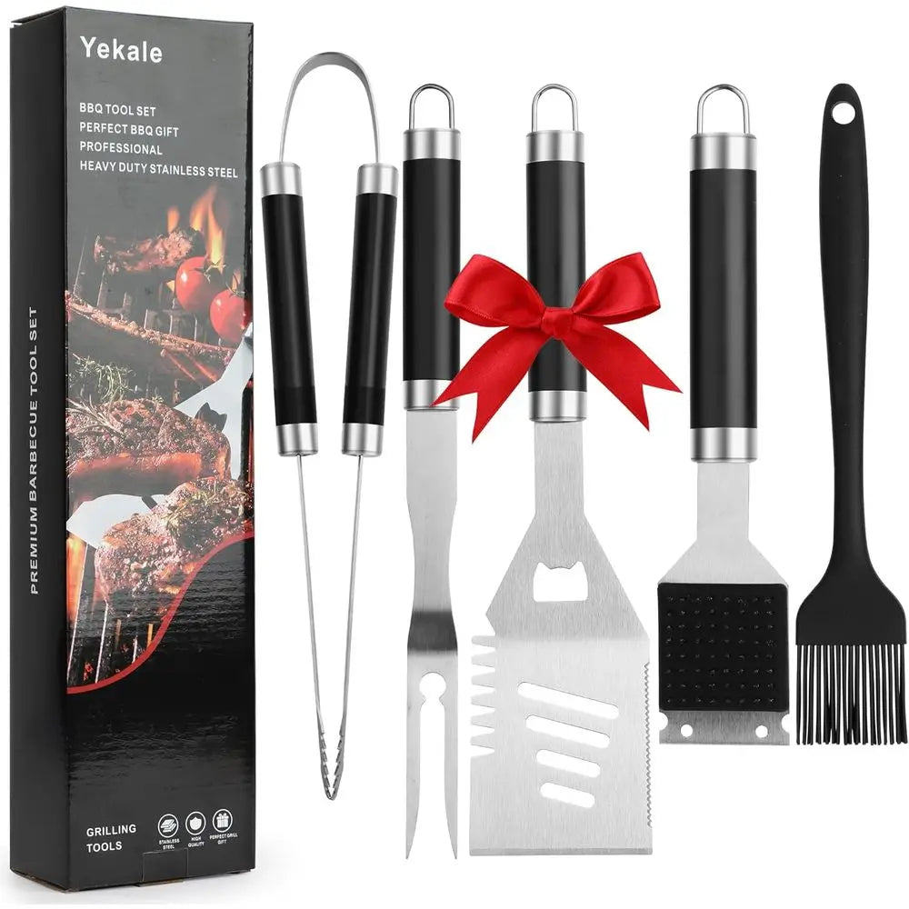 Premium BBQ Grill Accessories Set for Men - Outdoor Barbecue Tools Including Tongs, Brush, and Cleaning Brush (Black)