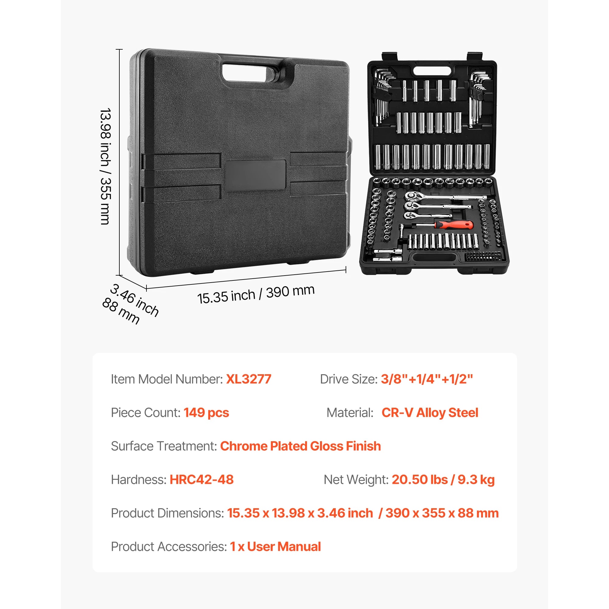 Socket Set 86 Pieces 3/8 ,1/4, or 1/2in Drive Socket and Ratchet Set, SAE Metric Mechanic Tool Kit with Ratchet Wrench