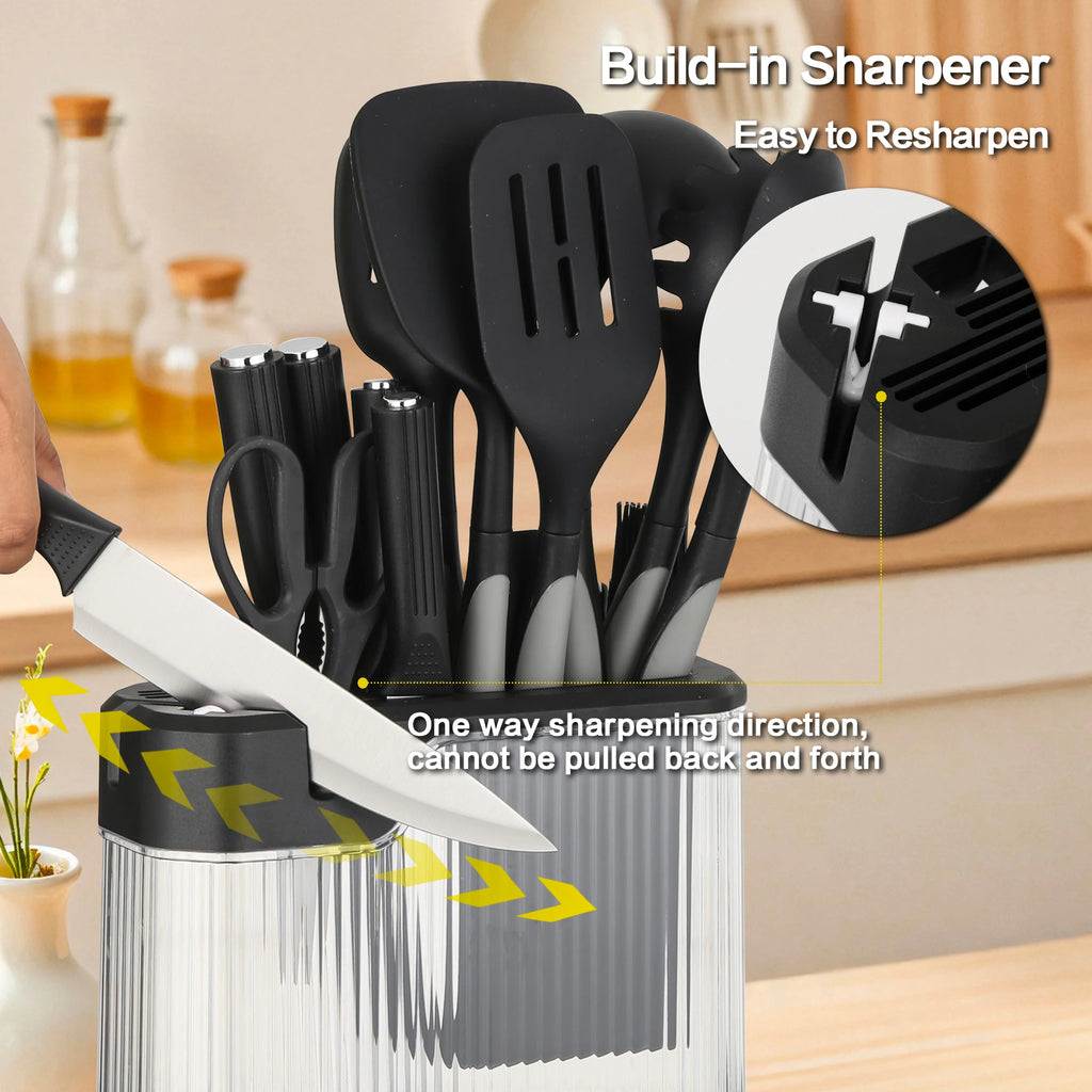 17Pcs Silicone Kitchen Utensils Set with Knife Block Stainless Steel Kitchen Knives Set Non-Stick Cooking Tools Scissors Peeler