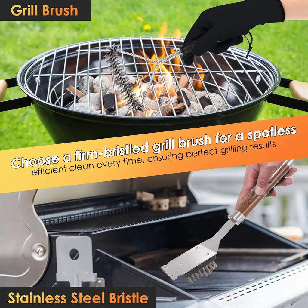 BBQ Grilling Accessories Set, 34Pcs Heavy Duty Grill Tools for Outdoor Camping, Grilling Gifts for Men Dad, Stainless Steel Barbecue Utensils Kit with Mats and Glove in Carrying Bag, Brown
