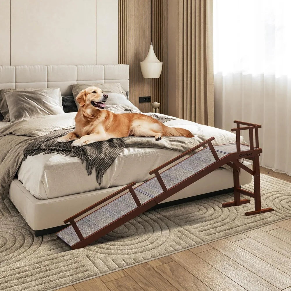 Wooden Dog Ramp for Bed with Removable Side Rail and Non-Slip Carpet, Stable Pet Ramp Stair for Couch Sofa for Small & Large