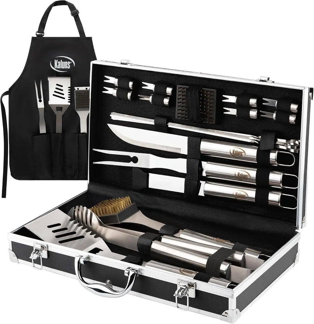 21-Piece Stainless Steel BBQ Tool Set with Aluminum Case, Apron & Skewers, Perfect Grilling Gifts for Dad