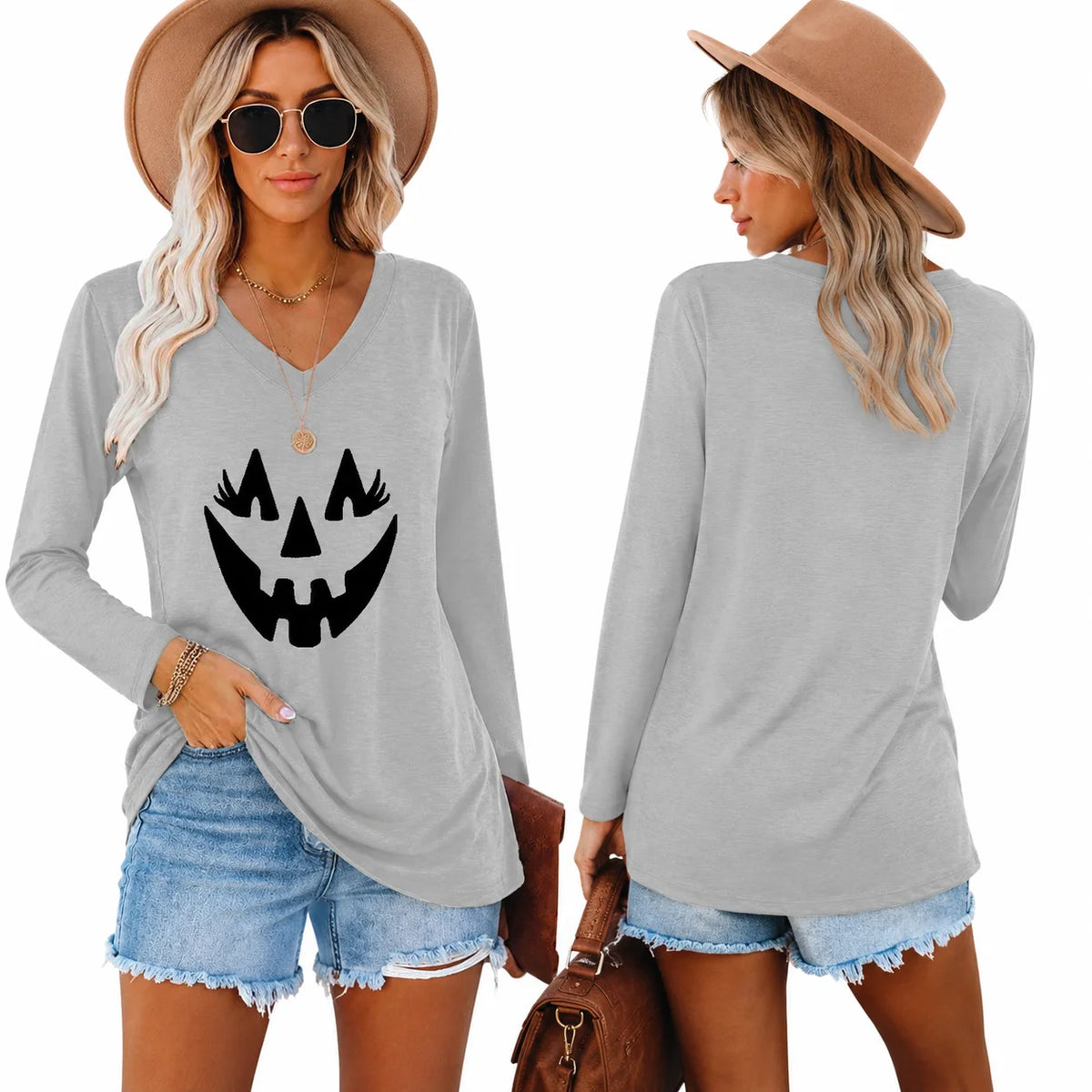 Halloween Pumpkin Graphic Long Sleeve Shirts for Women V Neck Cute Eyelash Pumpkin Face Tee Casual Loose Fall Holiday Outfit Tops