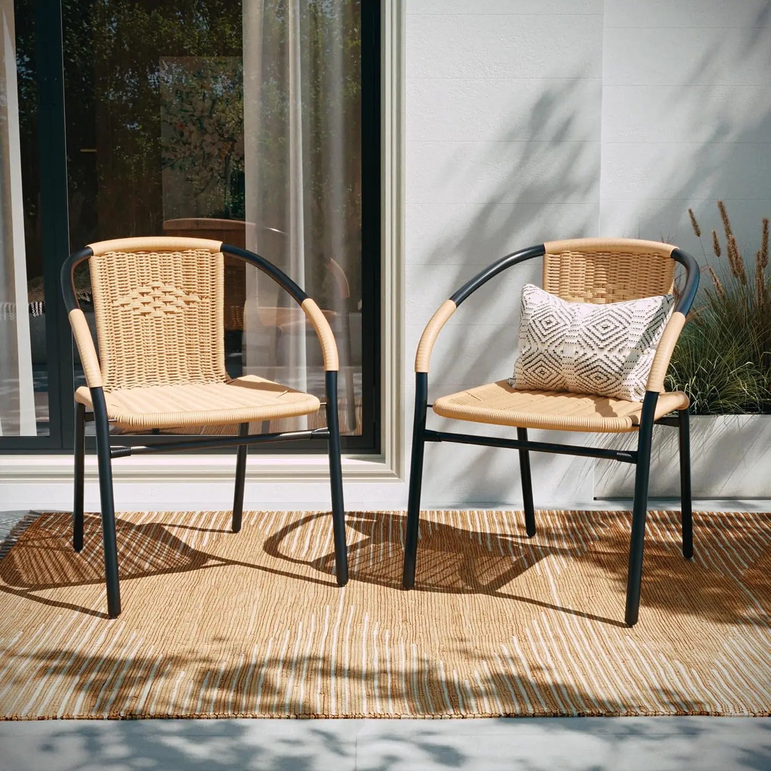 Stackable Rattan Chairs Curved Back Cross Bracing Indoor Outdoor Patio Custom