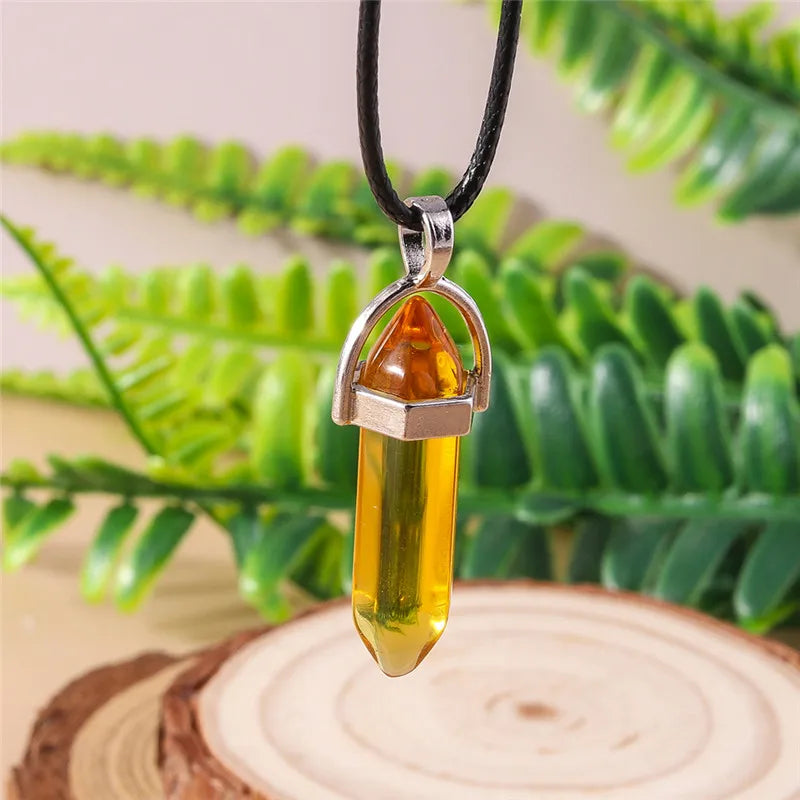 Stone Quartz Gem, Pink Crystal Stone Hexagonal Column Pendant, Necklaces, Leather Chain Bullet Necklace