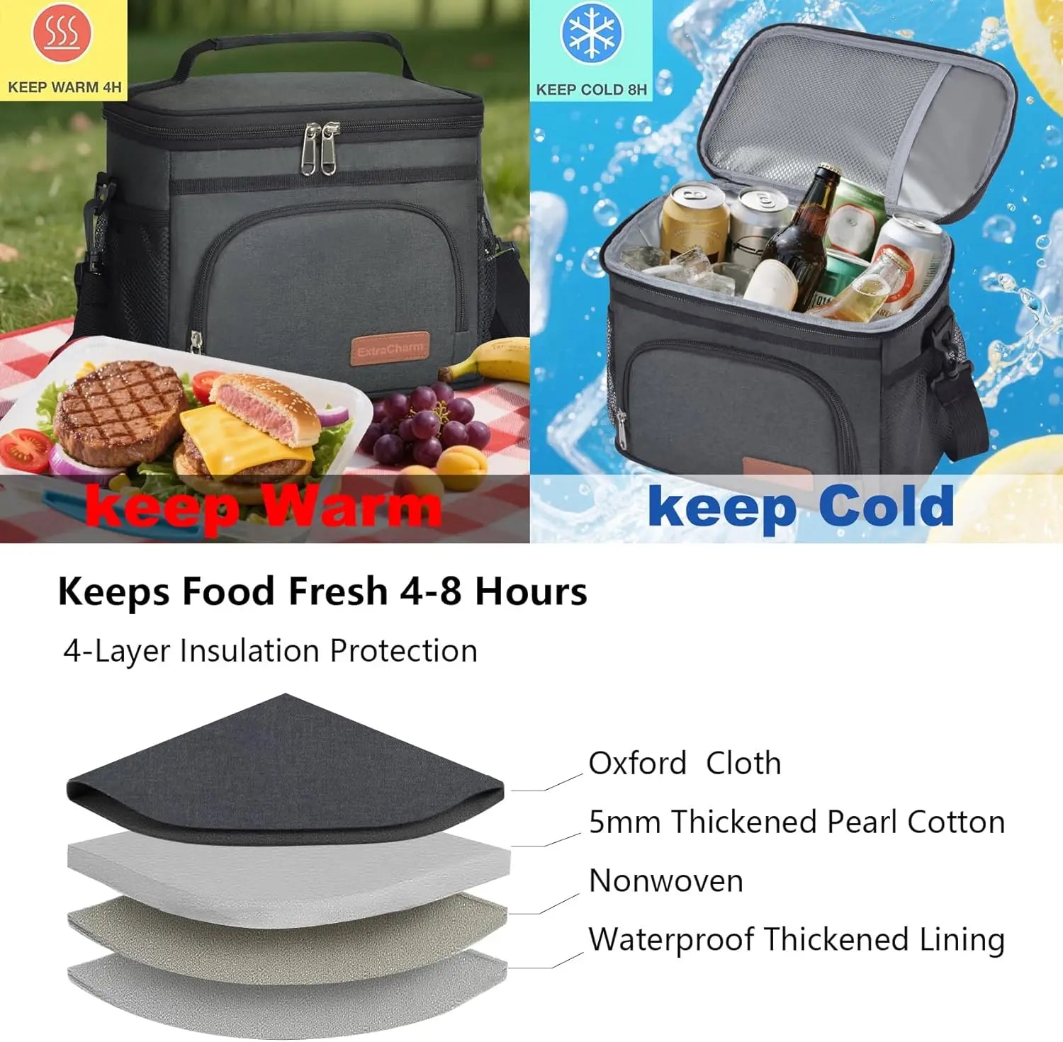 ExtraCharm Insulated Lunch Bag for Women/Men - Reusable Lunch Box for Office Picnic Hiking Beach - Leakproof Cooler Tote Bag Organizer with Adjustable Shoulder Strap for Adults - Black