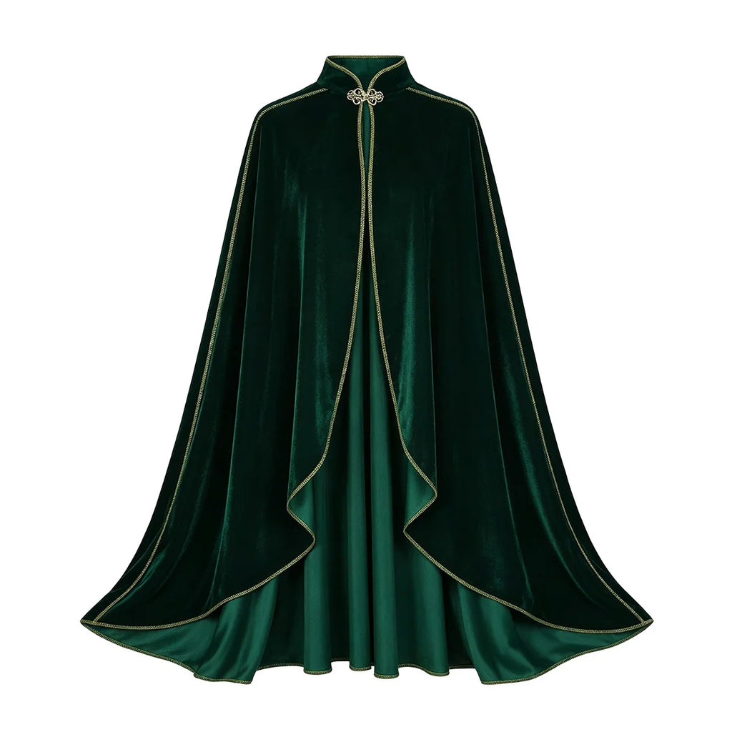Women Medieval Cloak Adult Renaissance Victorian Deluxe Stand Collar Velvet Gold Trim Cape Halloween Cosplay