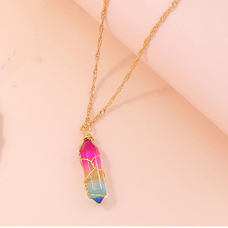Stone Quartz Gem, Pink Crystal Stone Hexagonal Column Pendant, Necklaces, Leather Chain Bullet Necklace