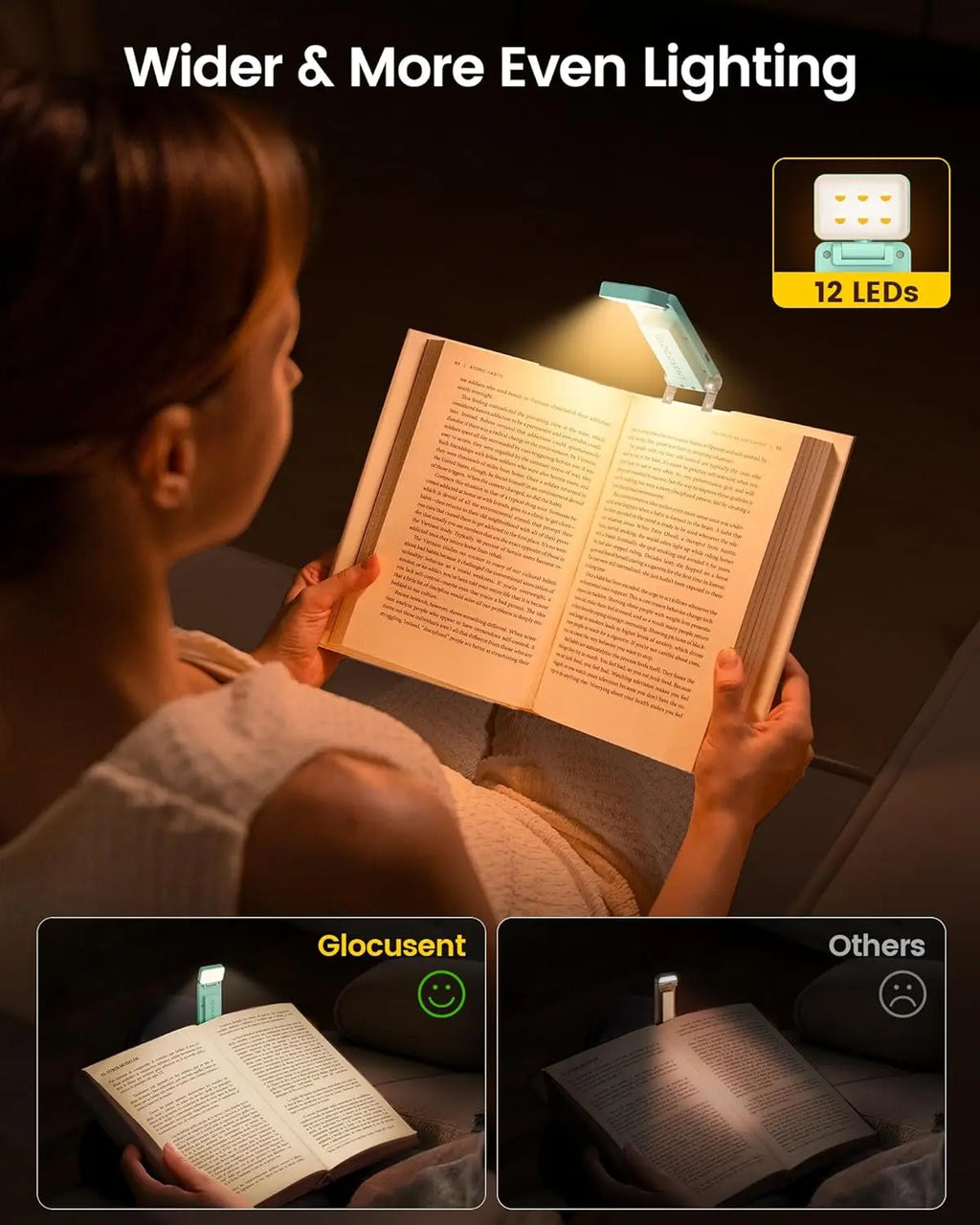 12 LED Rechargeable Book Light, 5 Colors & 5 Brightness, 100Hrs Runtime, Eye-Caring Clip-on Reading Light for Books in Bed