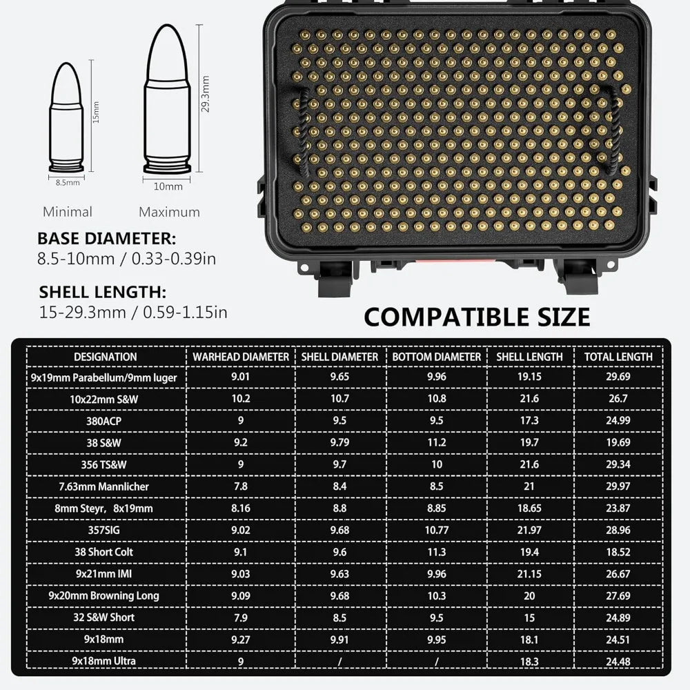 Waterproof Ammo Storage Case for 9mm, 380ACP, 38 S&W, 356 TS&W, 7.62