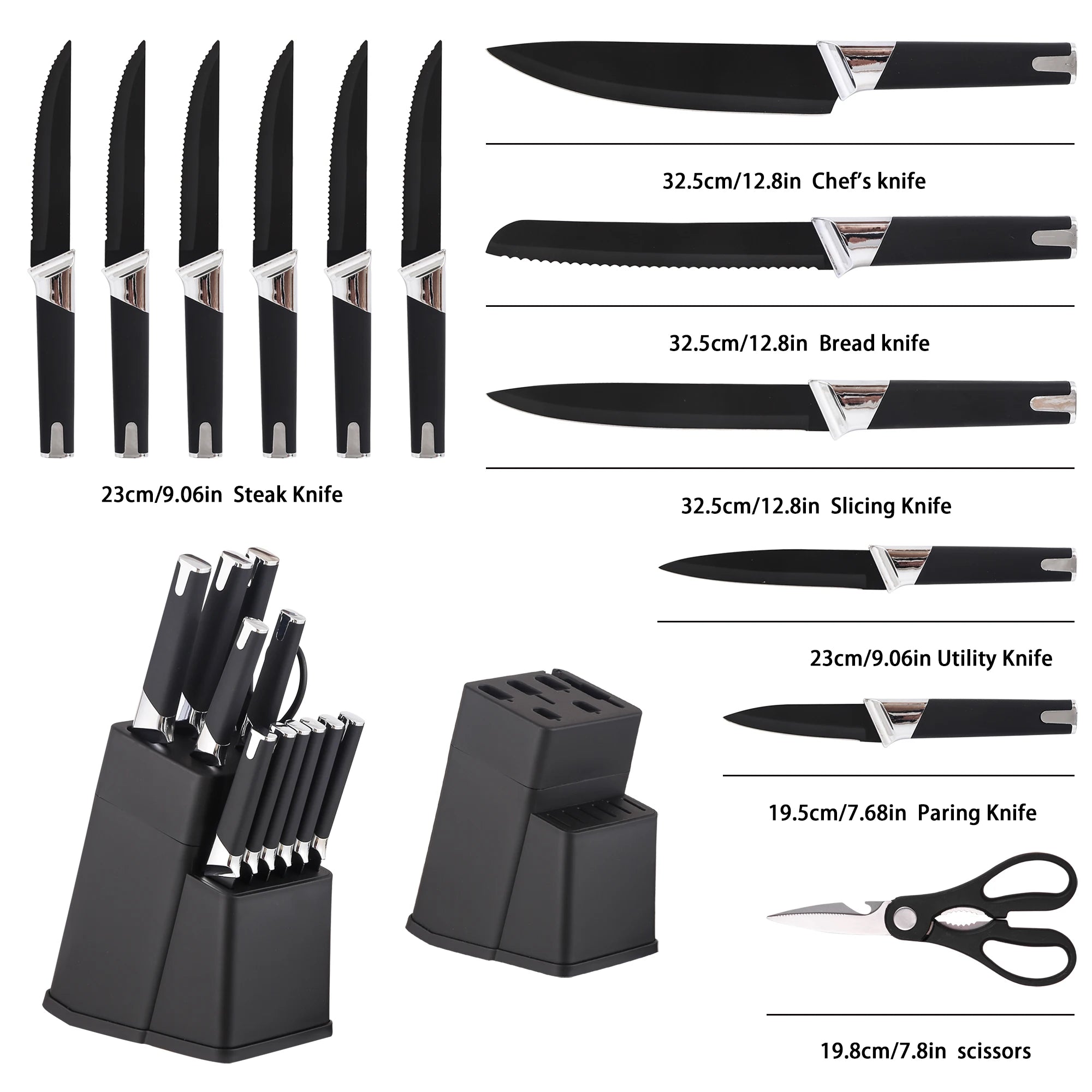 13Pcs Professional Kitchen Knife Block Set with 6 Steak Knives, High Carbon Stainless Steel Knives with Black Non-Stick Coating,