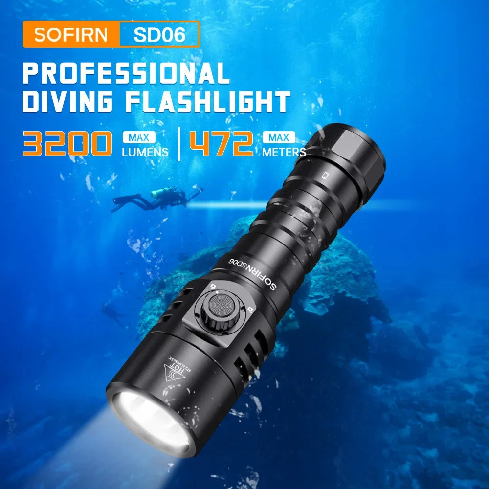 3200lm Diving Flashlight, LED Light Rechargeable, Underwater Deep Scuba Dive, Powerful Under 100M