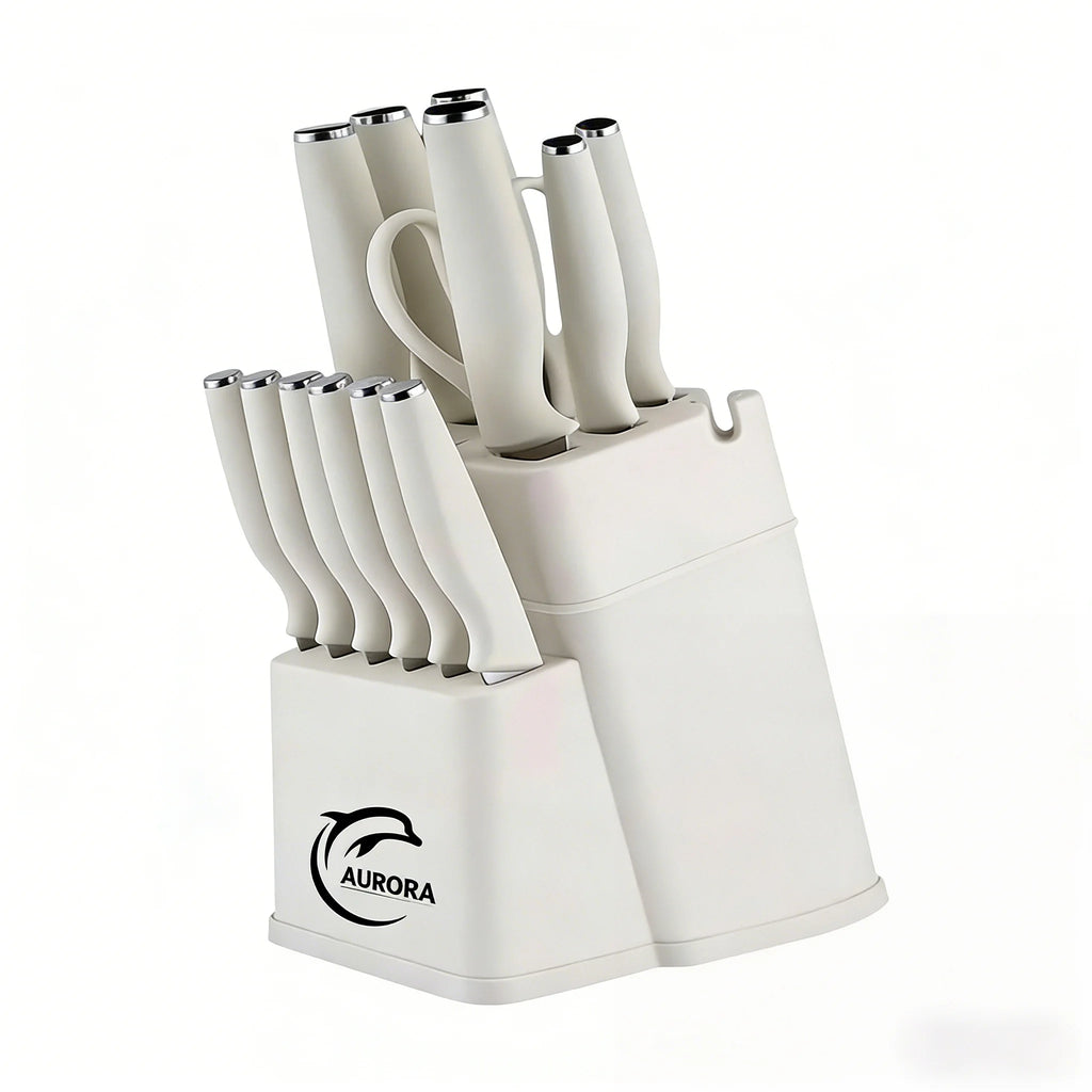 15PCS Kitchen Knife Set with Block & Sharpener, Stainless Steel Knives, Dishwasher Safe, Rust Resistant, Ergonomic Handle