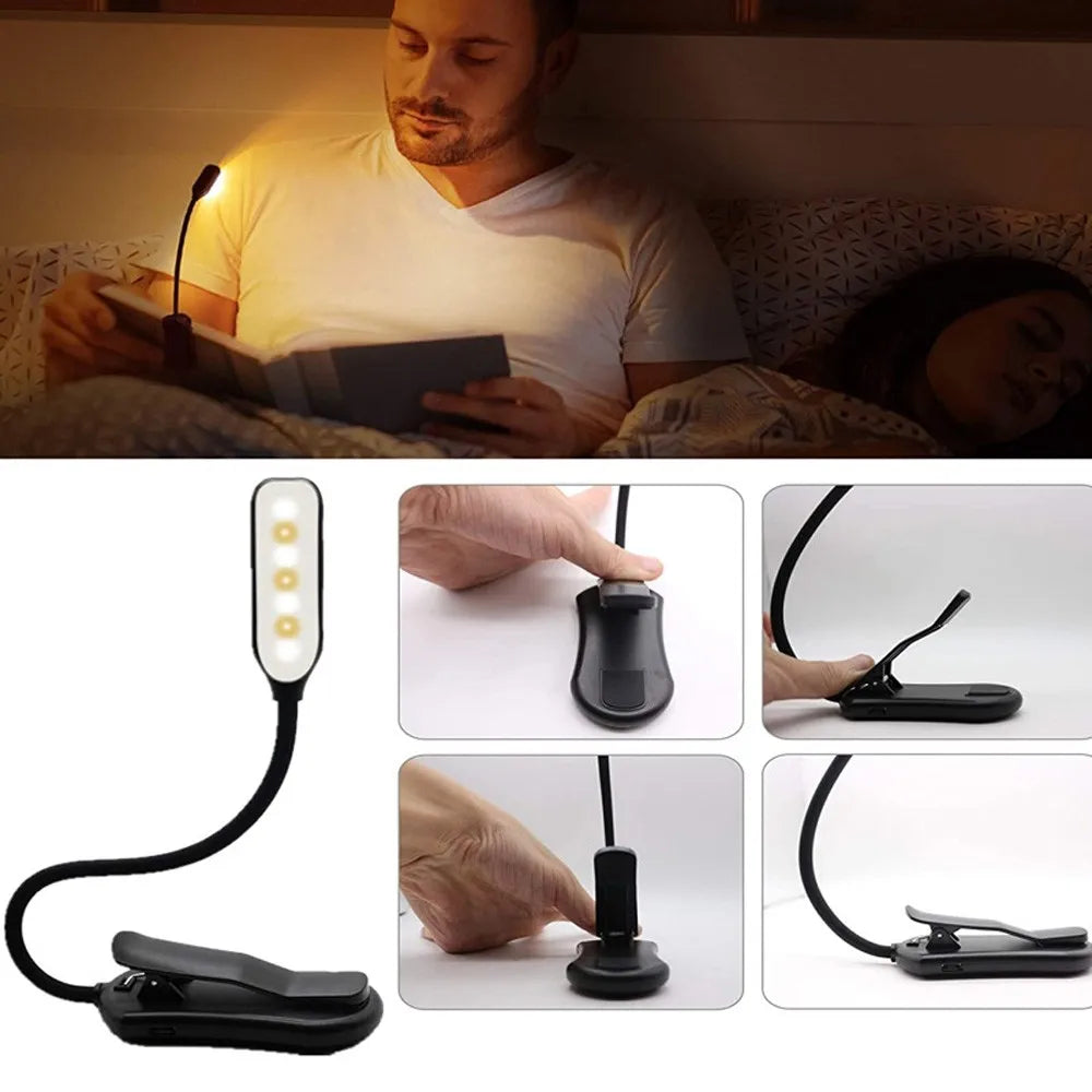 LED Book Light, USB Rechargeable Reading Light, 3-Level Warm Cool White Daylight, Portable Flexible, Easy Clip Night Reading Lamp