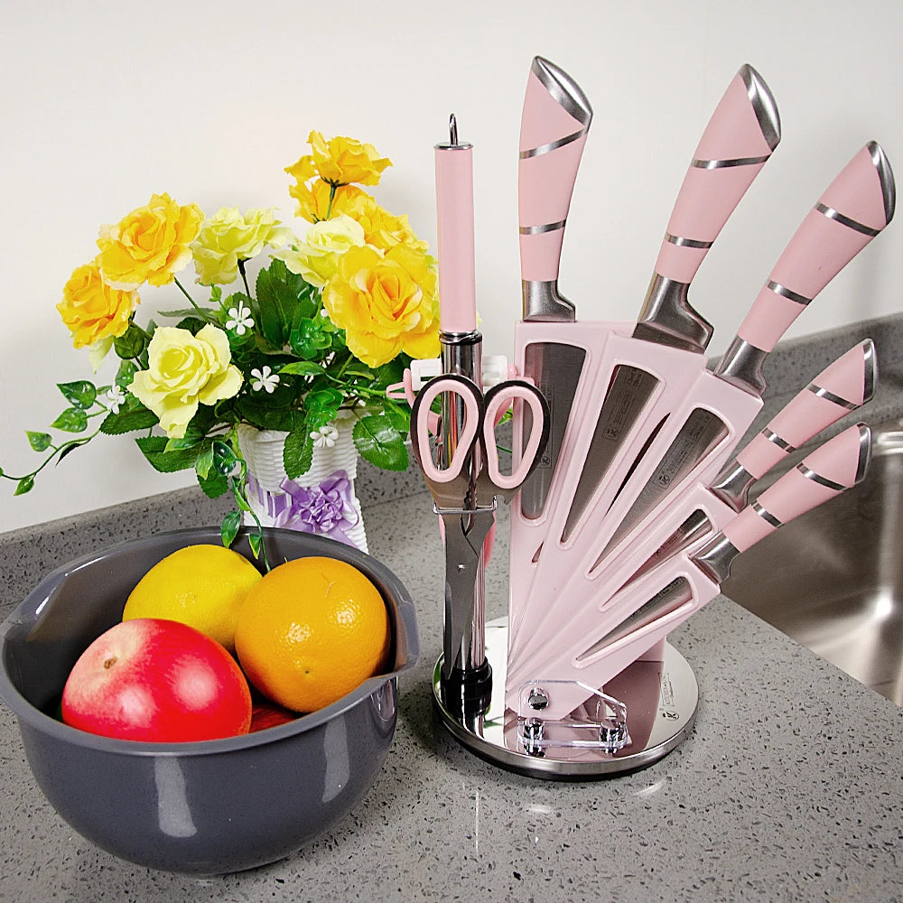 9PCS Kitchen Knife Set Stainless Steel Hollow Handle Sharp Meat Cutting Cooking Knife Scissors Bread Knife Fruit Peeler