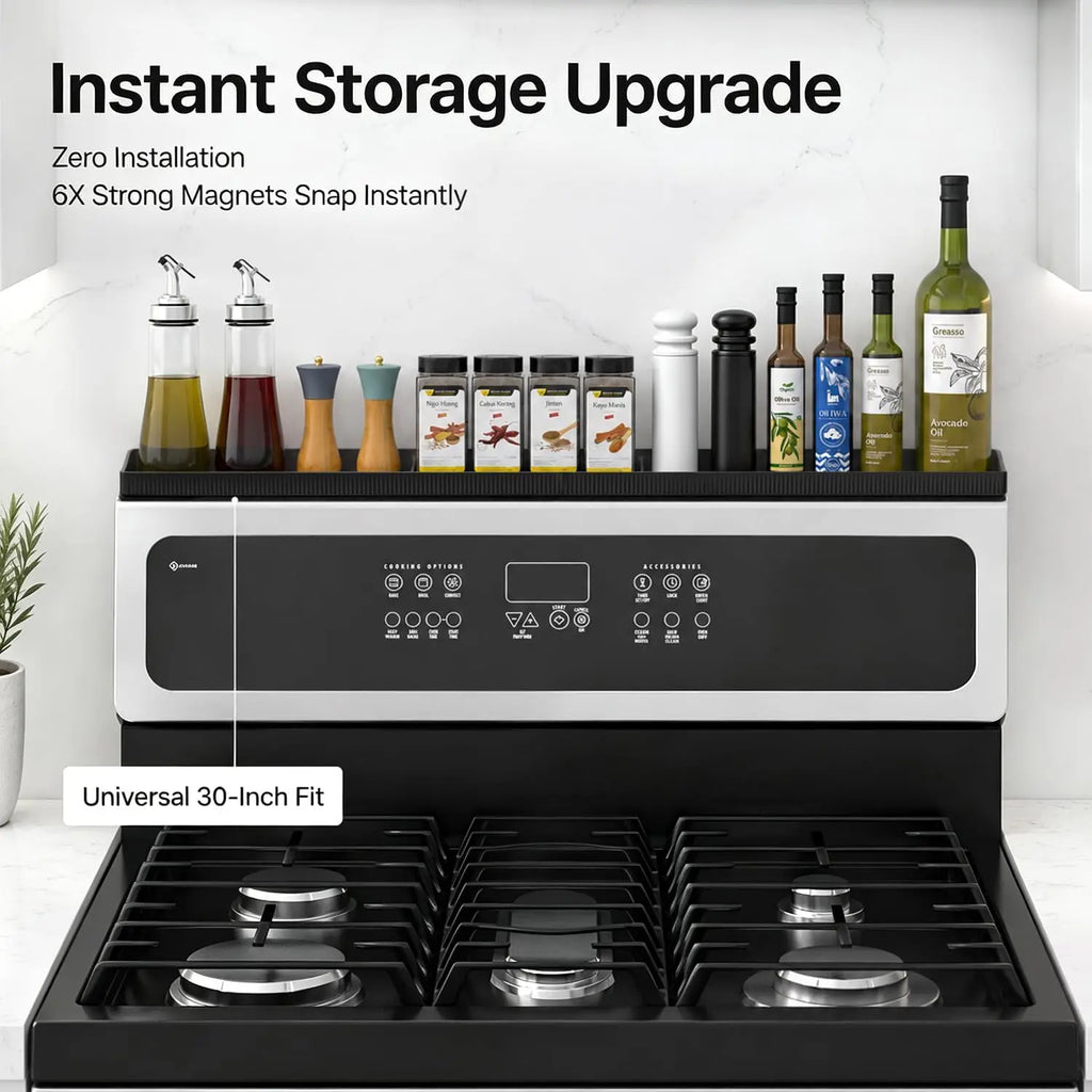 30" Magnetic Stove Top Shelf Silicone Spice Rack with 3 Compartments for Kitchen Organization