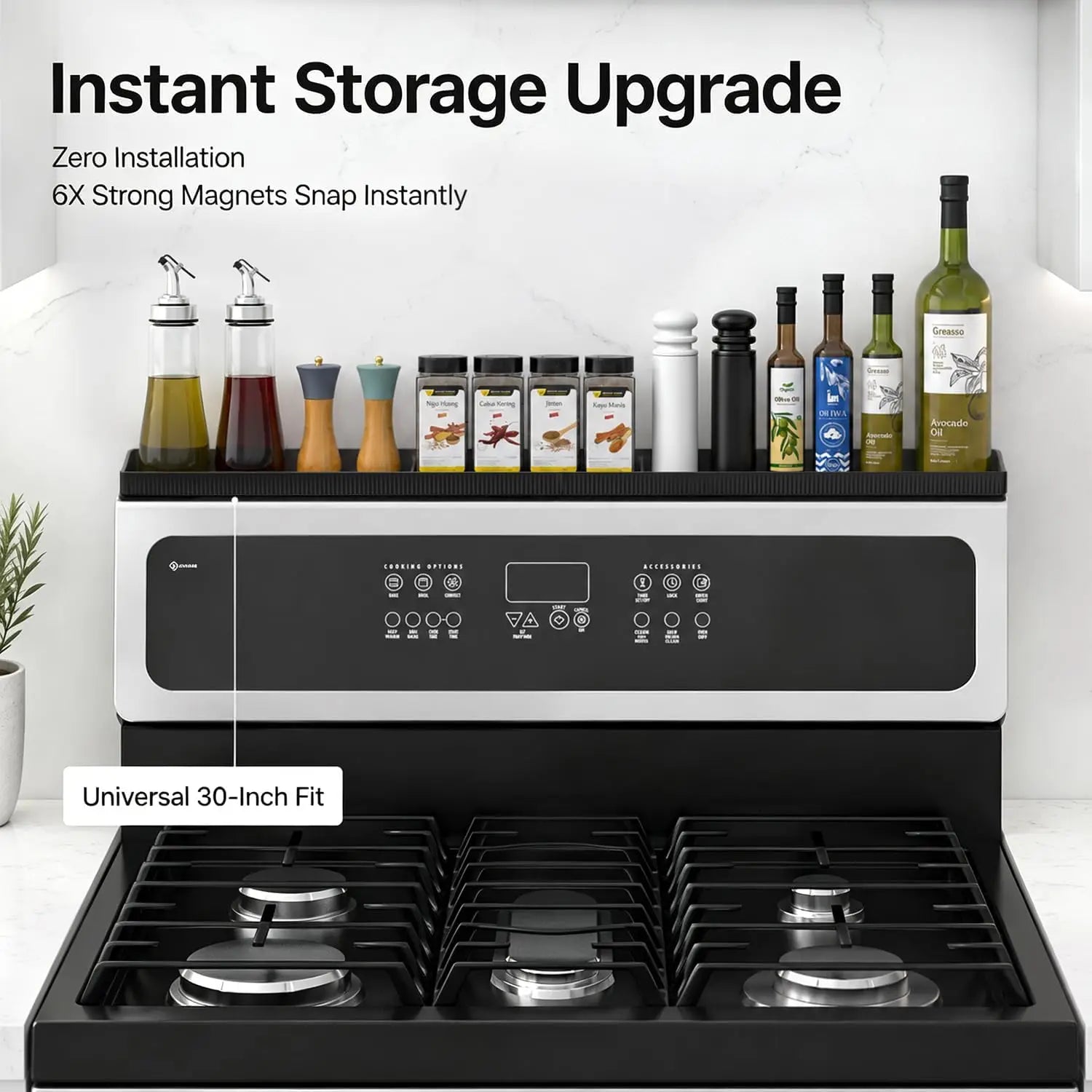 30" Magnetic Stove Top Shelf Silicone Spice Rack with 3 Compartments for Kitchen Organization